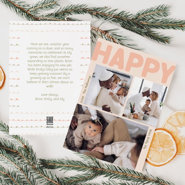 Modern Coral Year In Review Vertical 3 Photo Happy Holiday Card (Creator Uploaded)