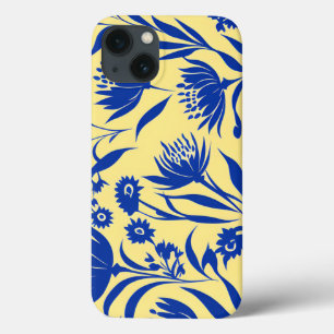 Modern Cornflower Blue Floral On Yellow iPhone 13 Case