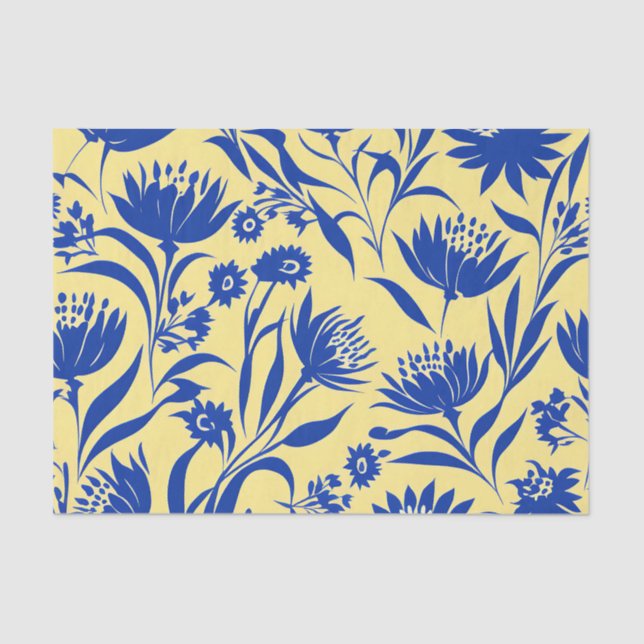 Modern Cornflower Blue Floral On Yellow Tissue Paper (Front)