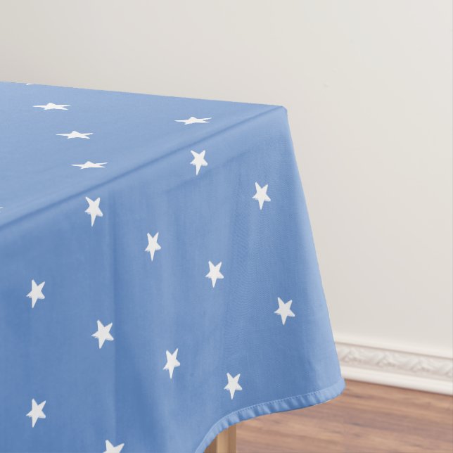 Modern cornflower blue white stars pattern holiday tablecloth (In Situ)