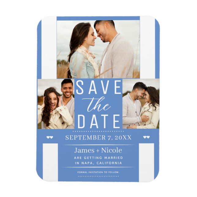 Modern Cornflower Save the Date 3 Photo Wedding  Magnet (Vertical)