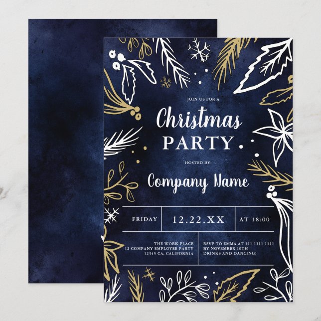 Modern corporate bold gold navy Christmas party Invitation (Front/Back)