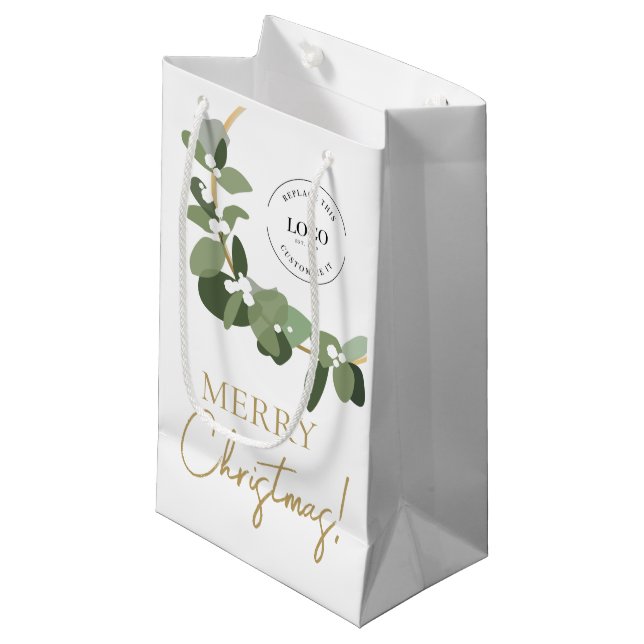 Modern Corporate Logo Merry Christmas Small Gift Bag (Front Angled)