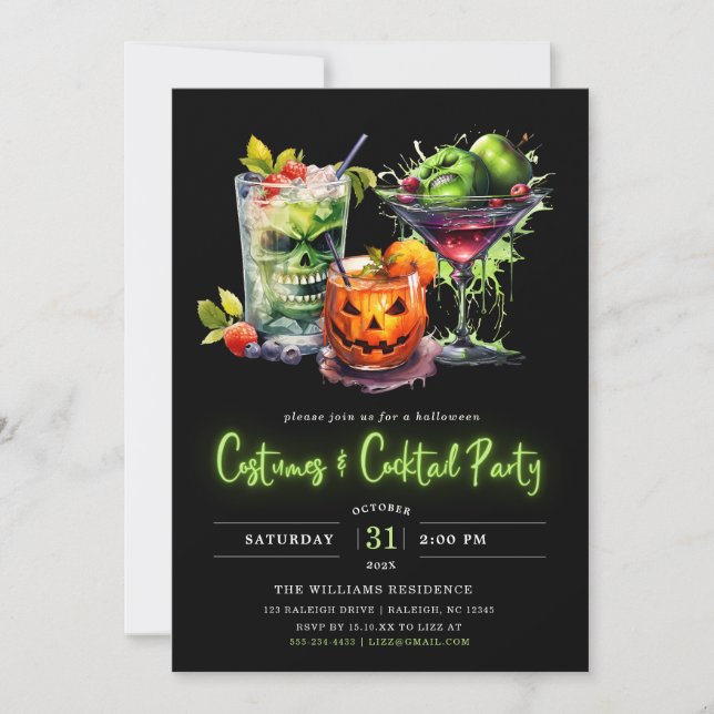 Modern Costumes & Cocktail Neon Halloween Party Invitation (Front)
