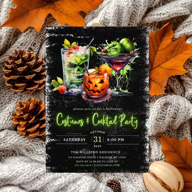 Modern Costumes & Cocktail Neon Halloween Party Invitation (Creator Uploaded)