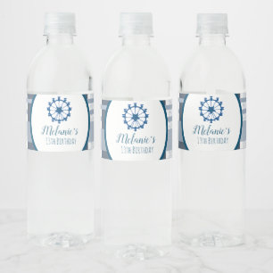Modern Country Fair Ferris Wheel Party Blue Plaid Water Bottle Label