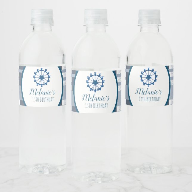 Modern Country Fair Ferris Wheel Party Blue Plaid Water Bottle Label (Bottles)