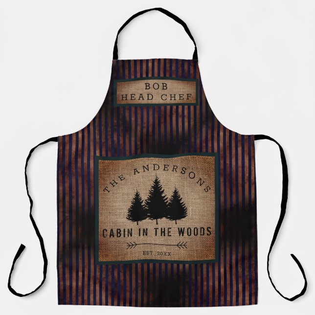 Modern Country Family Name Cabin in Wood Head Chef Apron (Front)