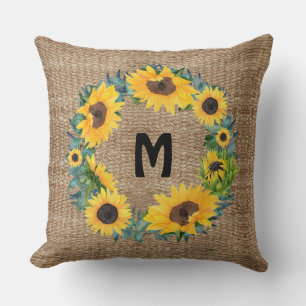 Modern Country Floral Sunflower Jute Personalize Throw Pillow
