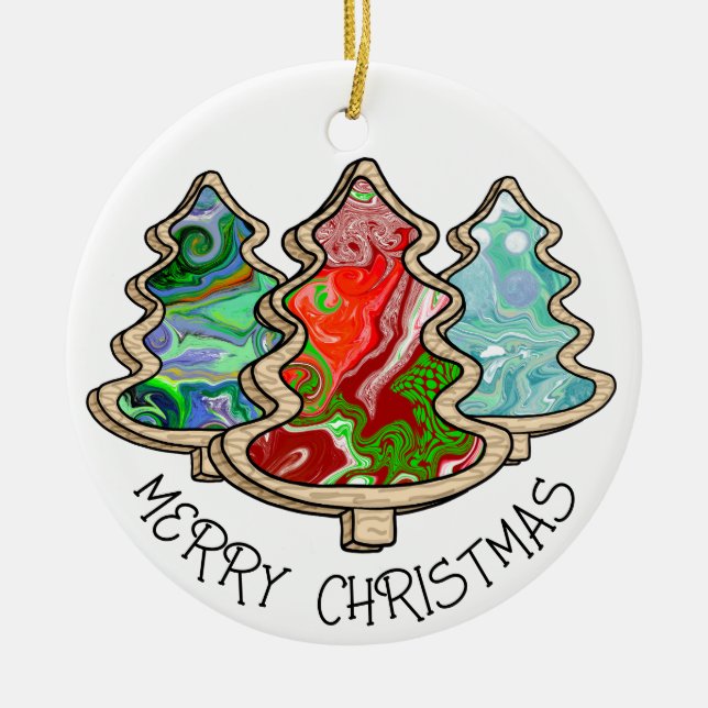 Modern Country Fluid Art Christmas Trees  Ceramic Ornament (Front)