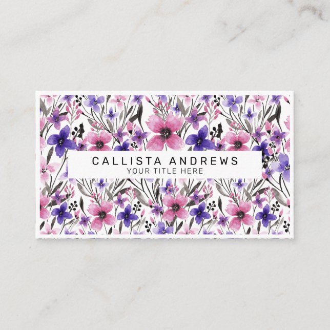 Modern Country Pink Purple Floral Watercolor Business Card (Front)