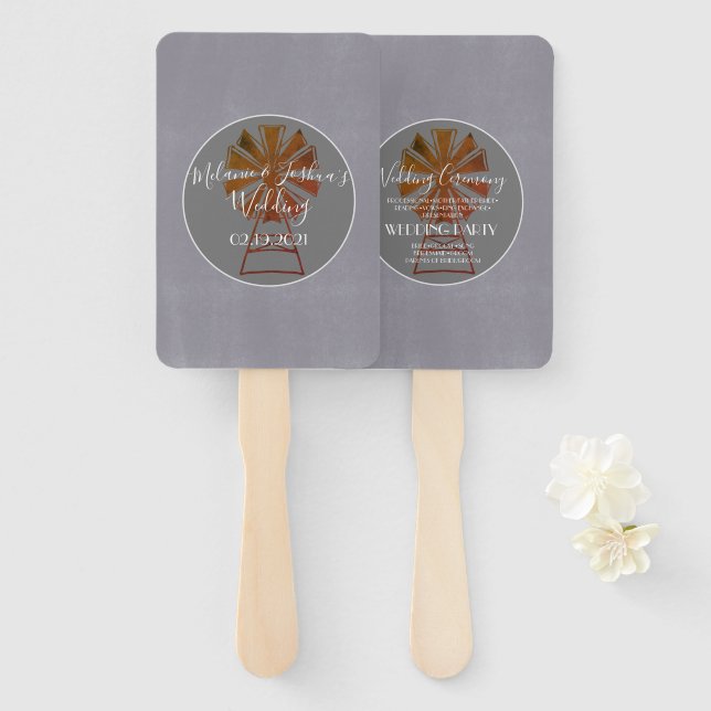 Modern Country Windmill Grey Stone Barn Wedding Hand Fan (Front and Back)