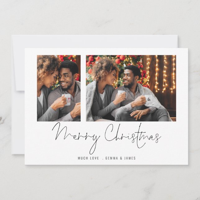 Modern Couple 2 Photos Script Merry Christmas Card (Front)