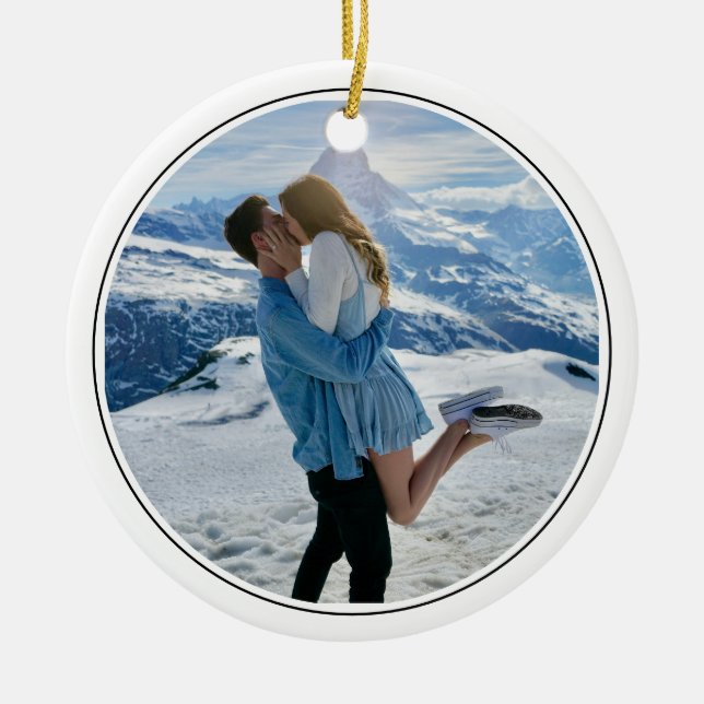 Modern Couple Engagement Photo First Christmas Ceramic Ornament (Front)