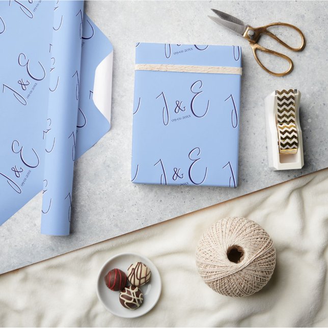 Modern Couple Initial Monograms & Date Baby Blue Wrapping Paper (Creator Uploaded)