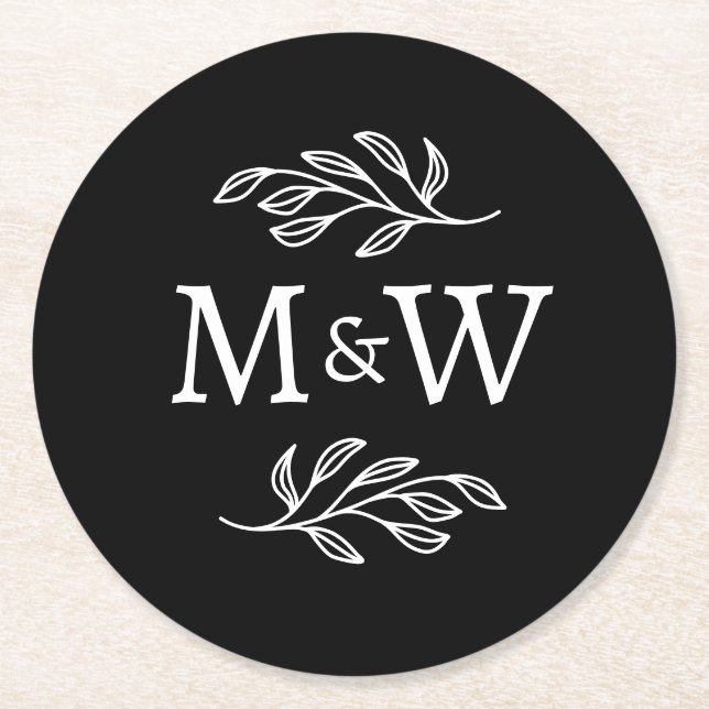 Modern Couple Monogram Initials Elegant Botanical Round Paper Coaster (Front)