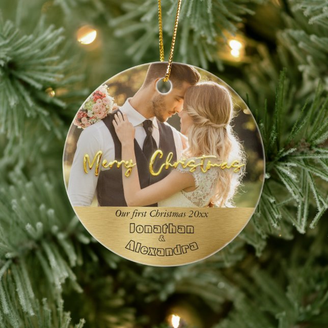 Modern couple photo Elegant gold first Christmas  Ceramic Ornament (Tree)