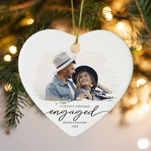 Modern Couple Photo First Christmas Engaged Ceramic Ornament