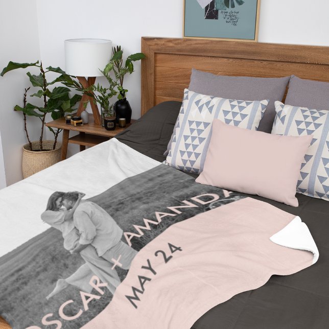 Modern Couple Photo Pink & Grey Perosnalized Name Fleece Blanket (Creator Uploaded)
