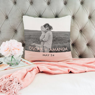 Modern Couple Photo Pink & Grey Perosnalized Name Throw Pillow