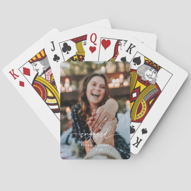 Modern Couple Photo Script "Engaged" Playing Cards (Back)