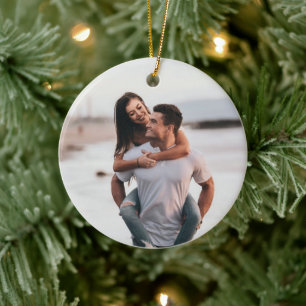 Modern Couple Photo Simple First Christmas Engaged Ceramic Ornament