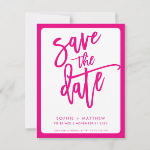 MODERN couple script lettering fushcia pink border Save The Date