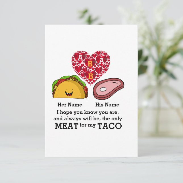 Modern Couple taco and meat lovers custom monogram Card (Standing Front)