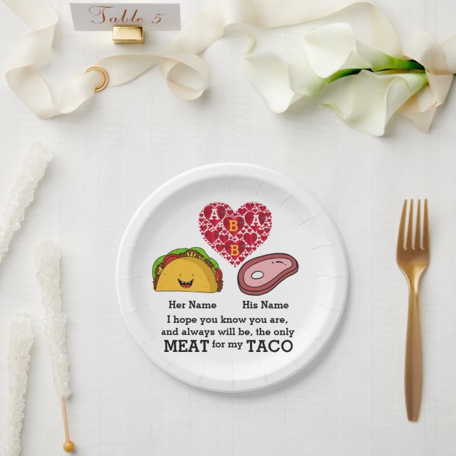 Modern Couple taco and meat lovers custom monogram Paper Plate (Wedding)