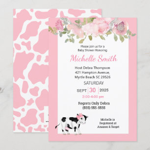 Modern Cow Print and Pink Floral  Baby Shower     Invitation