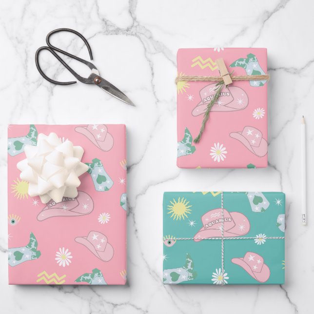 Modern Cowgirl Aquarius Zodiac Pattern Pink   Wrapping Paper Sheet (Front)