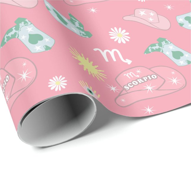 Modern Cowgirl Scorpio Zodiac Pattern Boho Pink Wrapping Paper (Roll Corner)