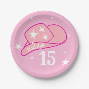 Modern Cowgirl Western Hat Pink Girl 15th Birthday Paper Plate