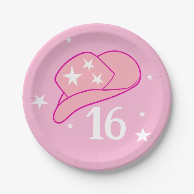 Modern Cowgirl Western Hat Pink Sweet 16 Birthday Paper Plate (Front)