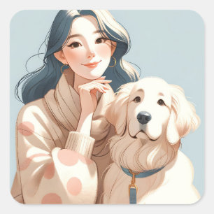 Modern Cozy Woman with her Dog Square Sticker