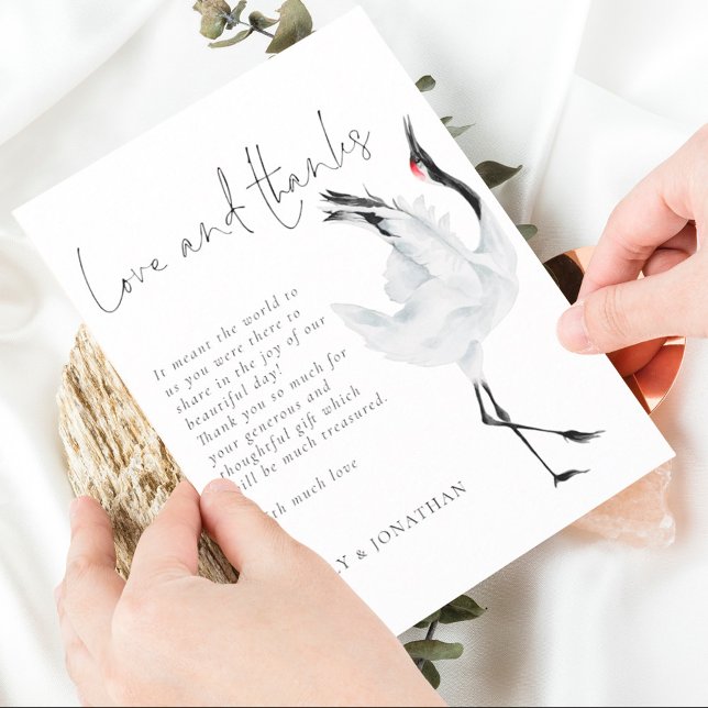 Modern Crane Bird Illustration Love Thanks Wedding Thank You Card (Creator Uploaded)