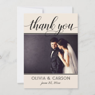 Modern Cream and Black Script Wedding Photo Thank You Card
