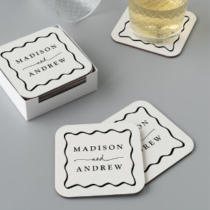 Modern Cream and Black Wavy Frame Wedding Square Paper Coaster