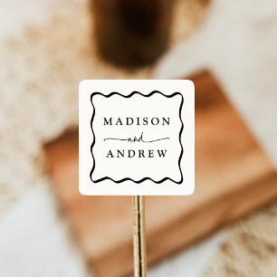 Modern Cream and Black Wavy Frame Wedding Square Sticker