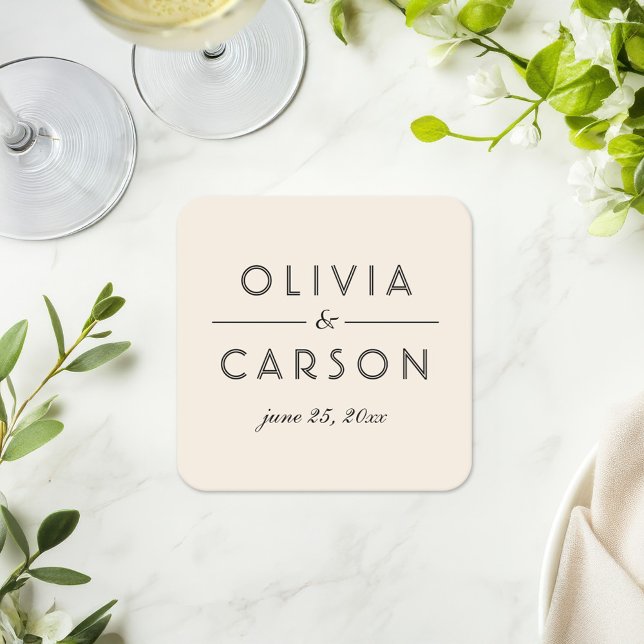 Modern Cream and Black Wedding Monogram Square Paper Coaster (Creator Uploaded)