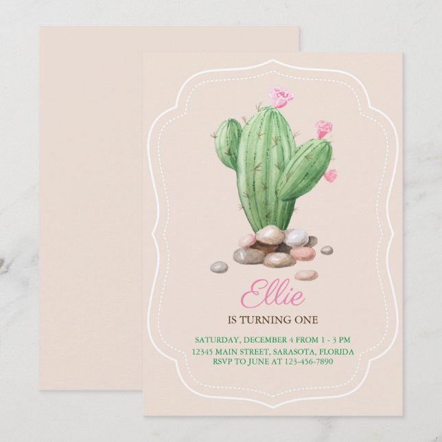 Modern Cream Beige Cactus Birthday Party Invitation (Front/Back)