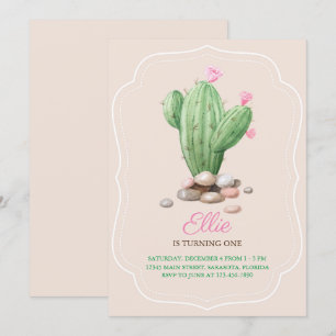 Modern Cream Beige Cactus Birthday Party Invitation