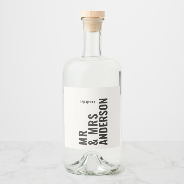 Modern cream black minimal bold simple wedding liquor bottle label (Front)