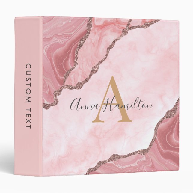 Modern Cream Blush Pink Agate Geode Monogram Binder (Front/Spine)