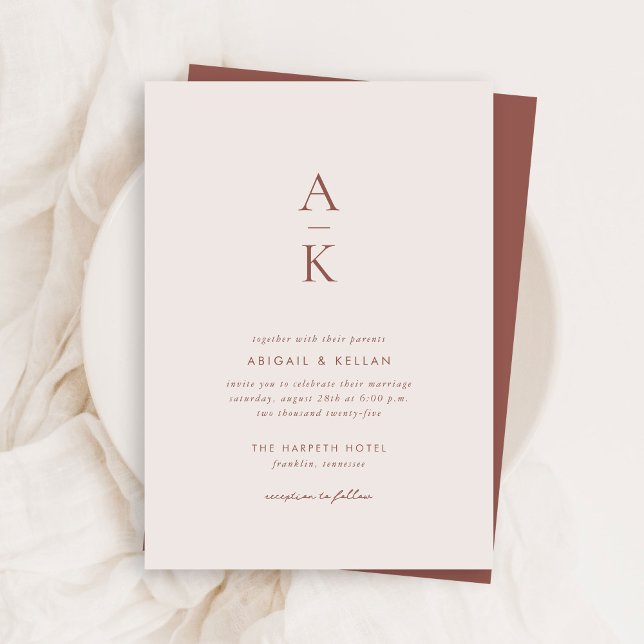 Modern Cream Brown Monogram Earth Tone Wedding Invitation (Creator Uploaded)
