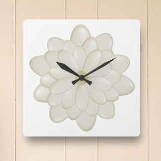 Modern Cream Daisy Flower White Square Wall Clock