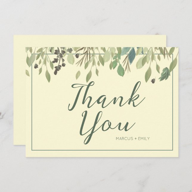 Modern Cream & Eucalyptus Thank You Flat Card (Front/Back)