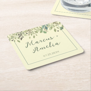 Modern Cream & Eucalyptus Wedding Square Paper Coaster