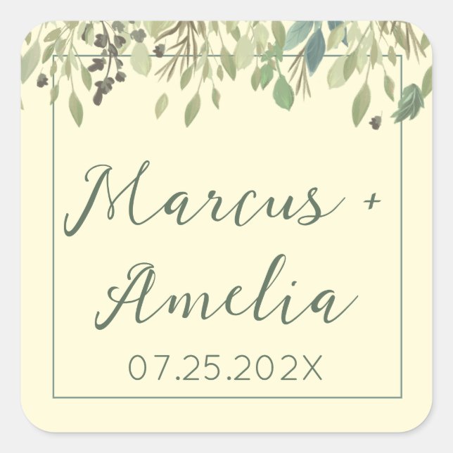 Modern Cream & Eucalyptus Wedding  Square Sticker (Front)