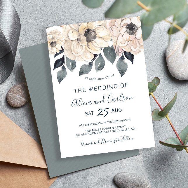 Modern cream floral watercolor script wedding invitation (Creator Uploaded)